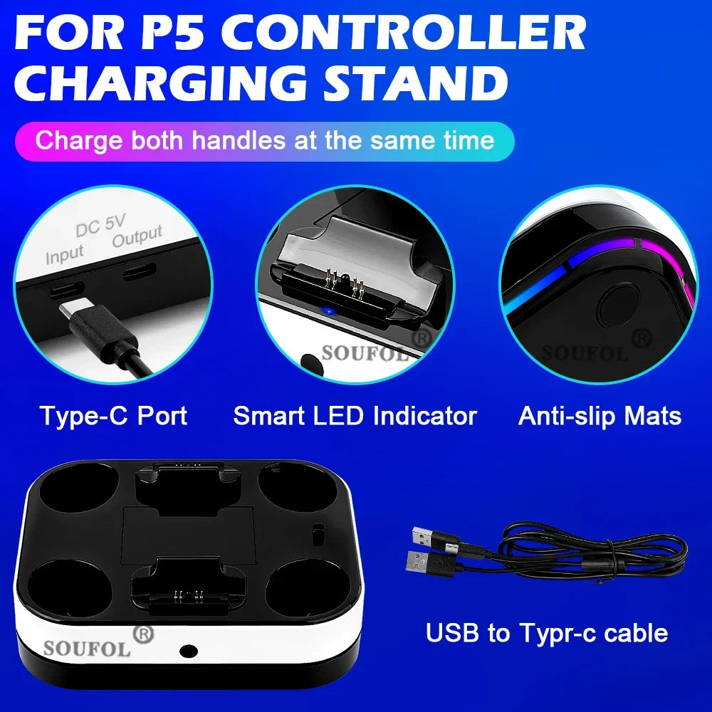 Base de carga doble de alta calidad para PS5 con cable, indicador LED, estación de acoplamiento de soporte de carga para accesorios de mando de PS5