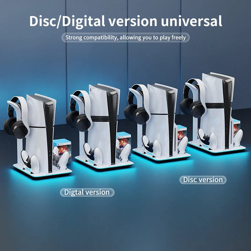 Soporte de refrigeración para consola PS5 Slim y Pro, estación de carga dual para mandos con 7 luces RGB para consola PS5 Slim versión disco y digital