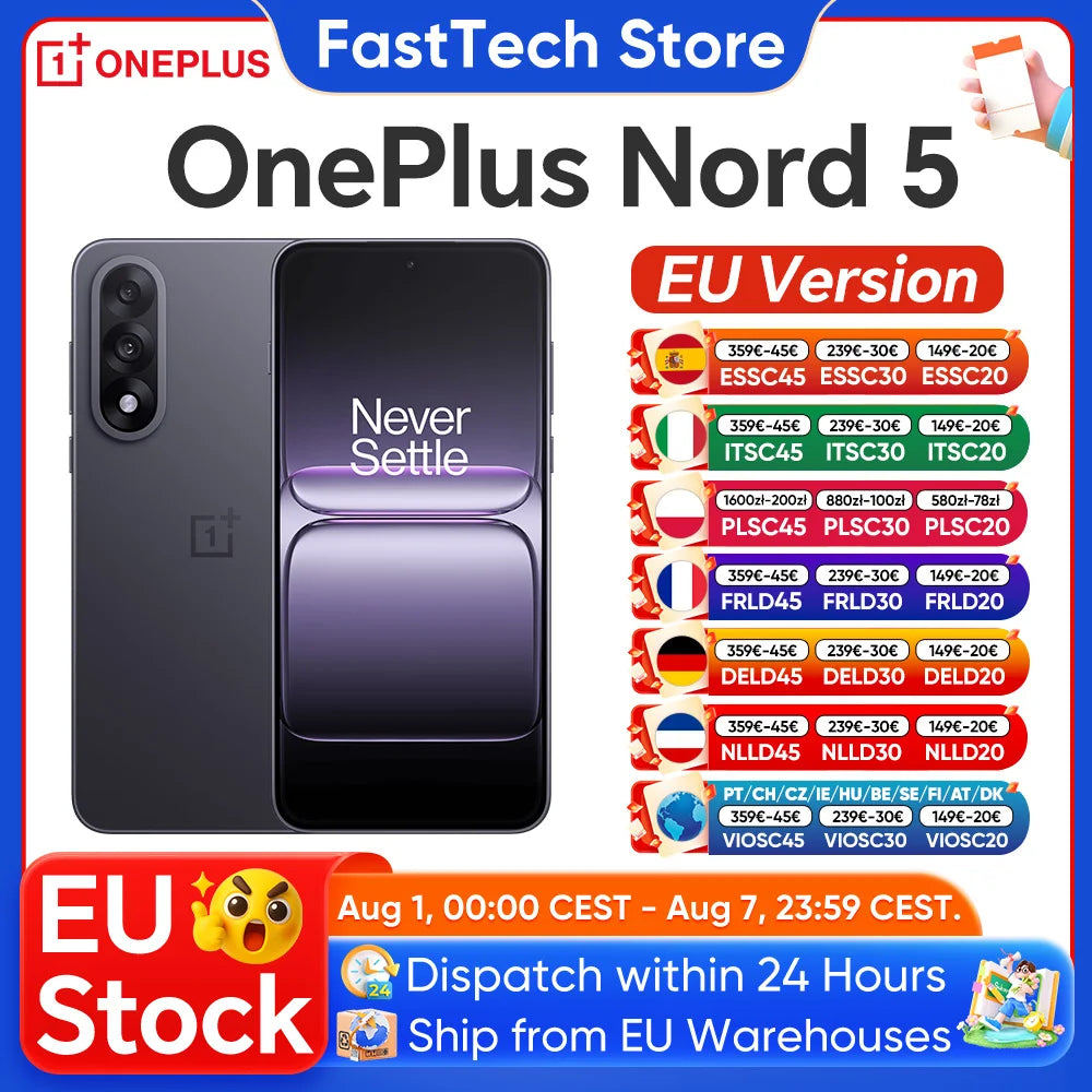 Nuevo smartphone OnePlus Nord 5 5G, Snapdragon™ 8s Gen 3, pantalla AMOLED de 6,83” a 144 Hz, 5200 mAh, 80 W SUPERVOOC, cámaras duales de 50 MP