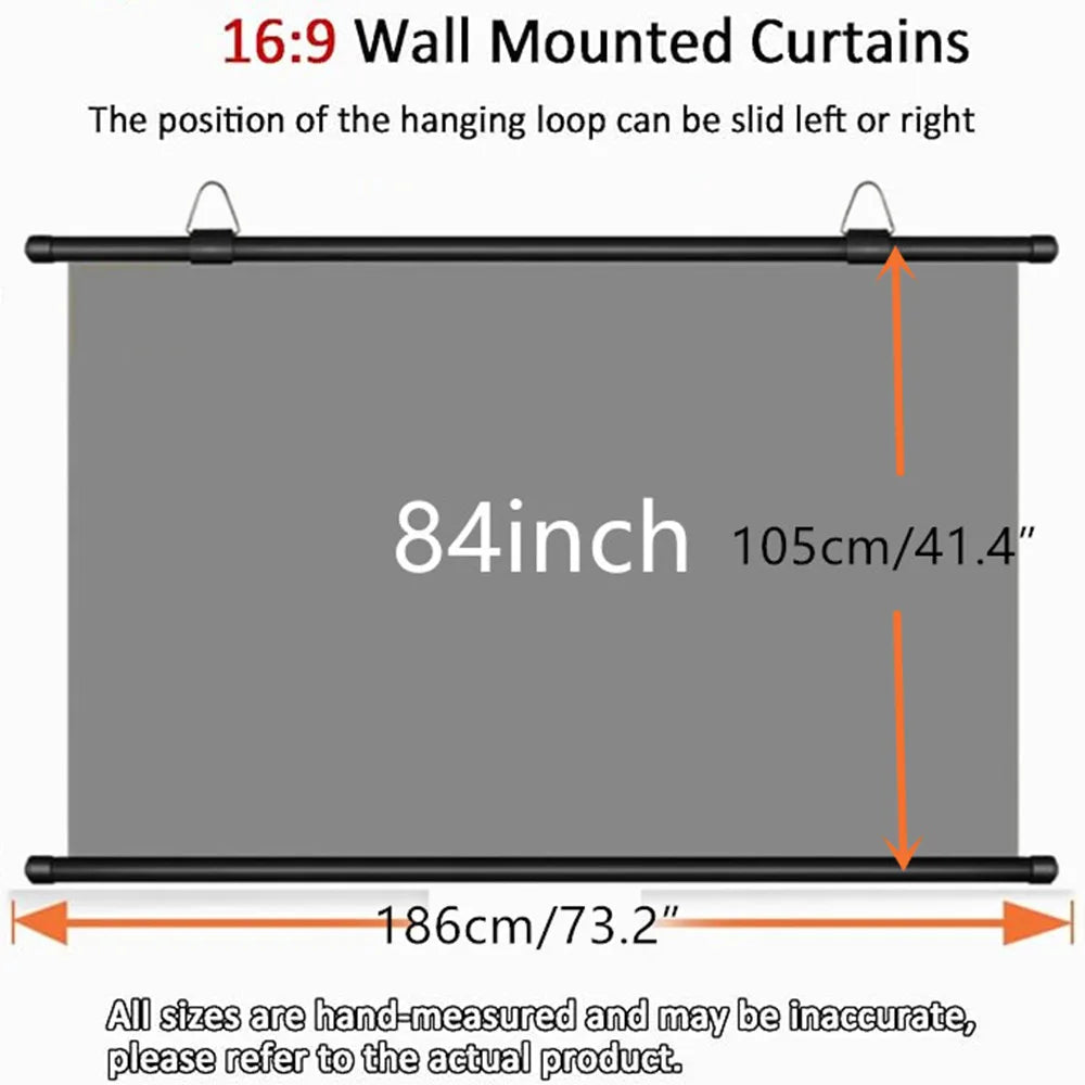 Pantalla de proyector gris montada en pared, 84"; medidas 186x105 cm, barra negra.