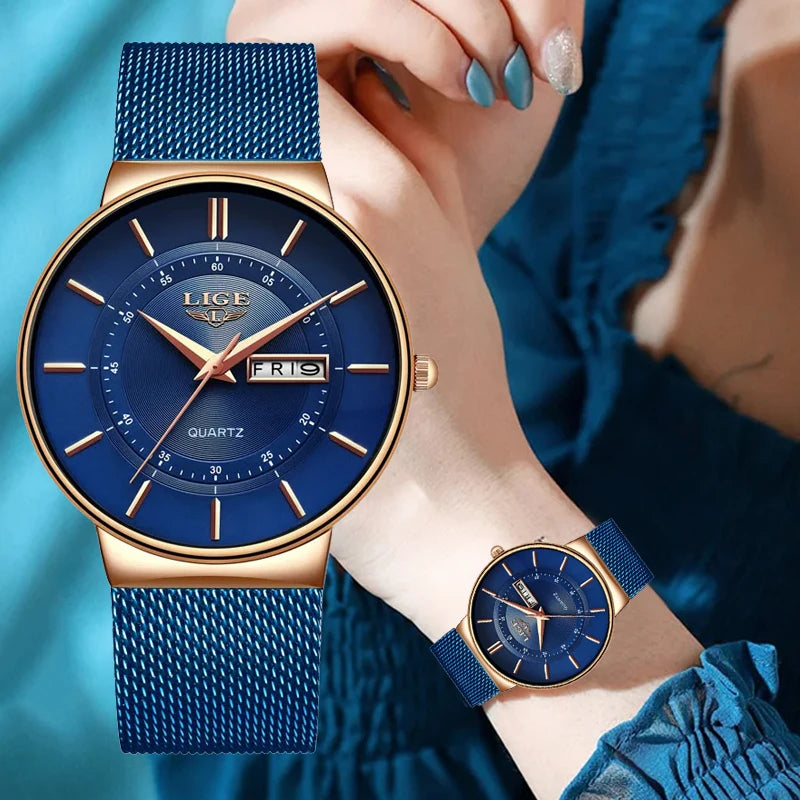 Reloj de pulsera LIGE de cuarzo para mujer, acero inoxidable, estilo retro, movimiento japonés de gran calidad, reloj impermeable a la moda para mujer
