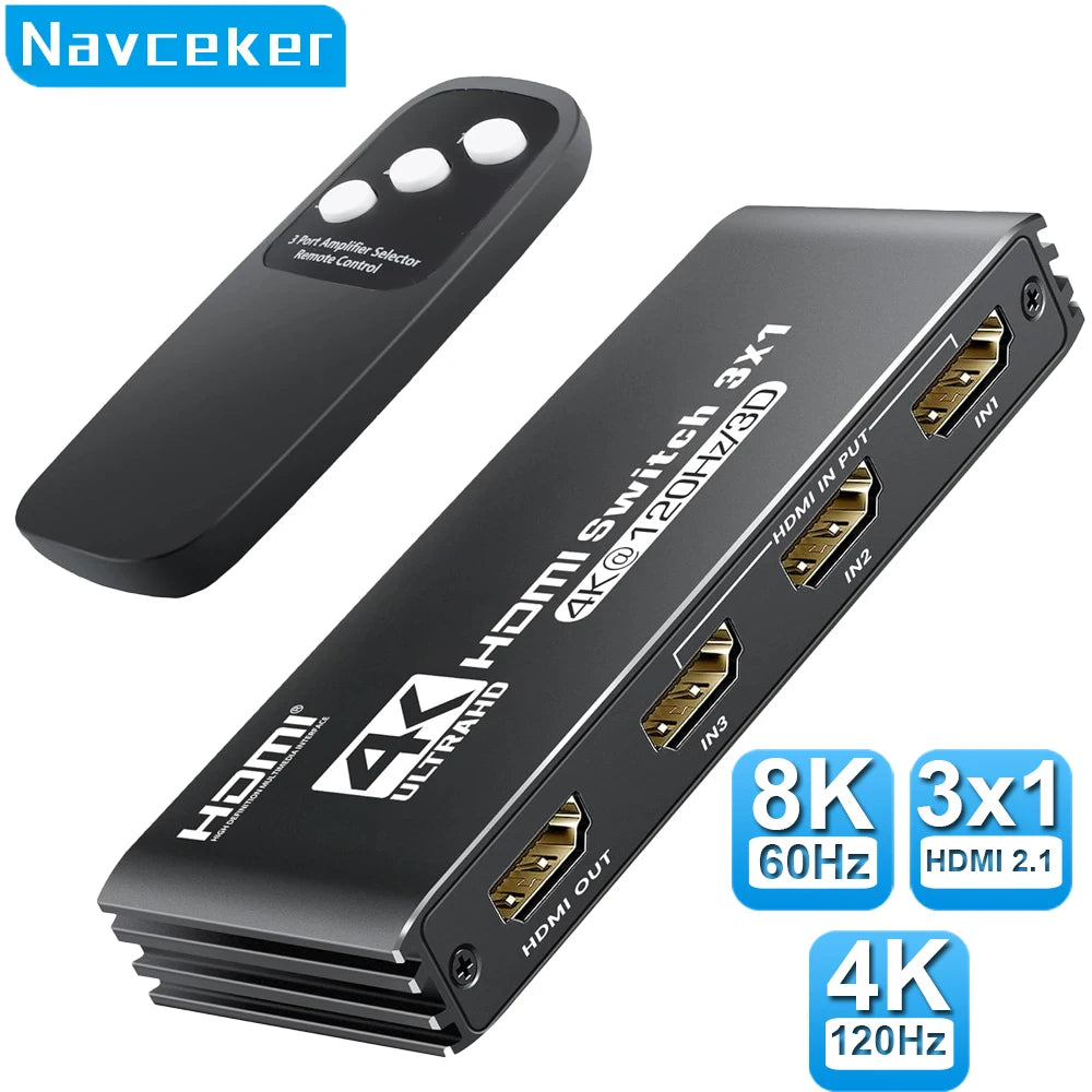 Navceker-conmutador HDMI 2,1, 8K, 60Hz, 4K120Hz, compatible con HDMI, salida 3 en 1 con convertidor de Control remoto para monitores Xbox PS5
