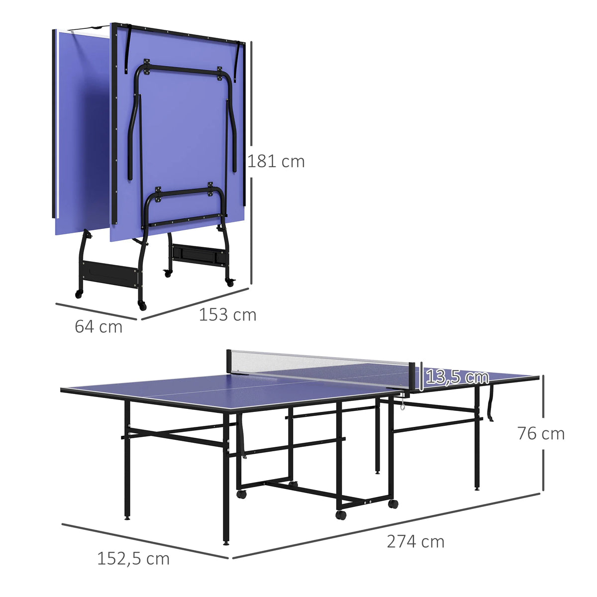 SPORTNOW Mesa de Ping-Pong Plegable con 4 Ruedas 274x152,5x76 cm Azul