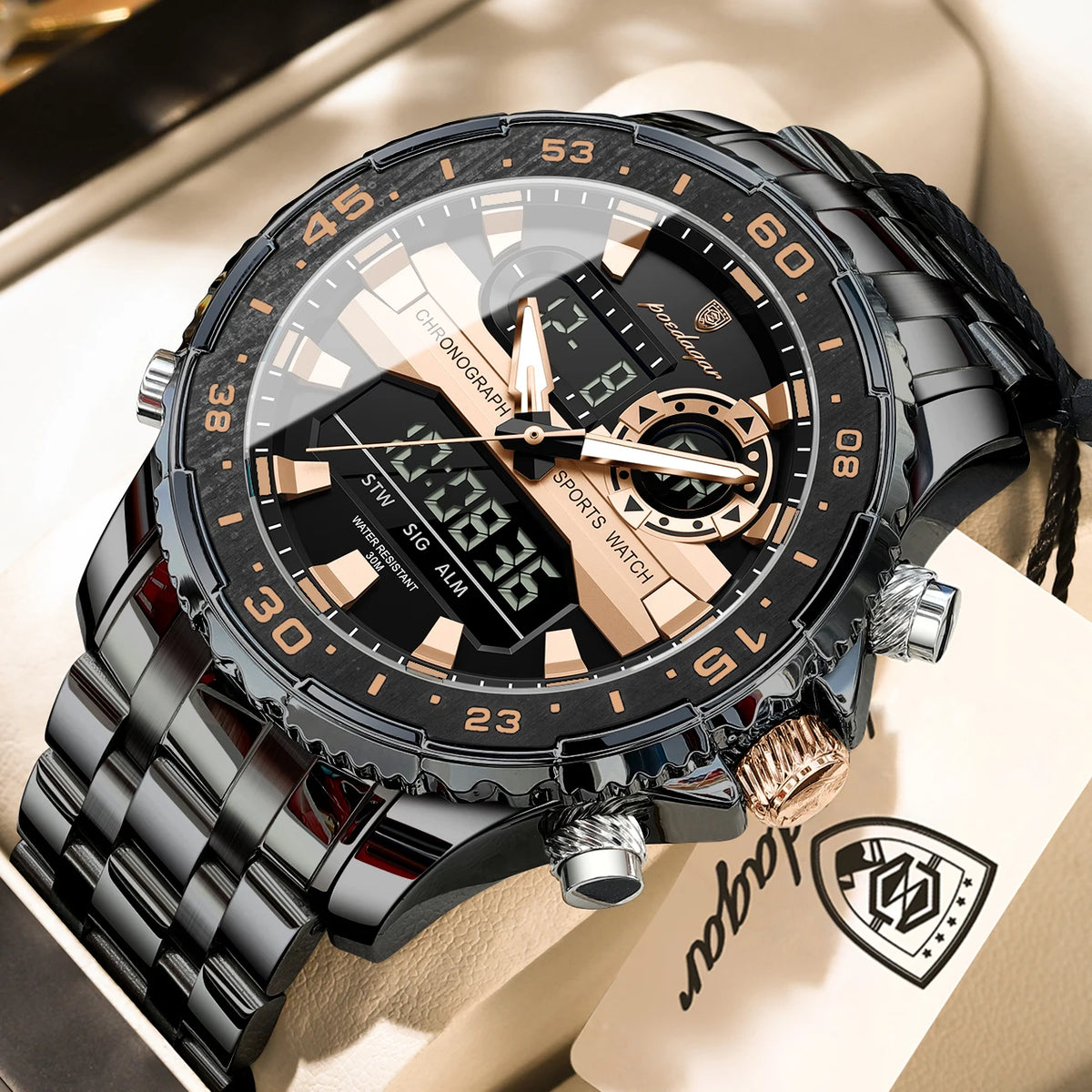 Reloj de cuarzo para hombre POEDAGAR, moda de lujo, con fecha y día de la semana, LED luminoso, estilo empresarial, doble hora, reloj digital militar para hombre