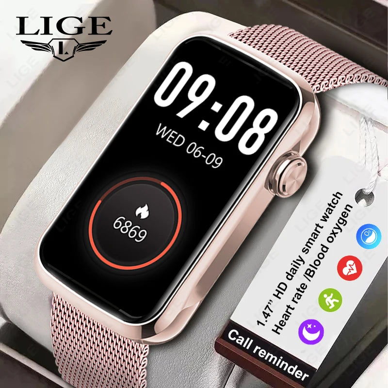 Reloj inteligente LIGE de 1.47" para mujer y hombre, pulsera inteligente con monitor de frecuencia cardíaca, contador de pasos, deporte, fitness, salud y resistente al agua, smartwatch para dama