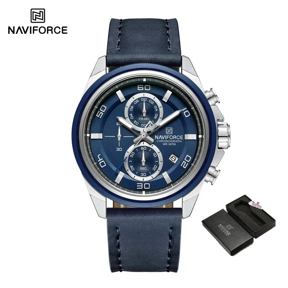 Reloj de pulsera para hombre NAVIFORCE, original, de negocios, de lujo, con correa de cuero, cronógrafo deportivo, resistente al agua 3ATM, de cuarzo