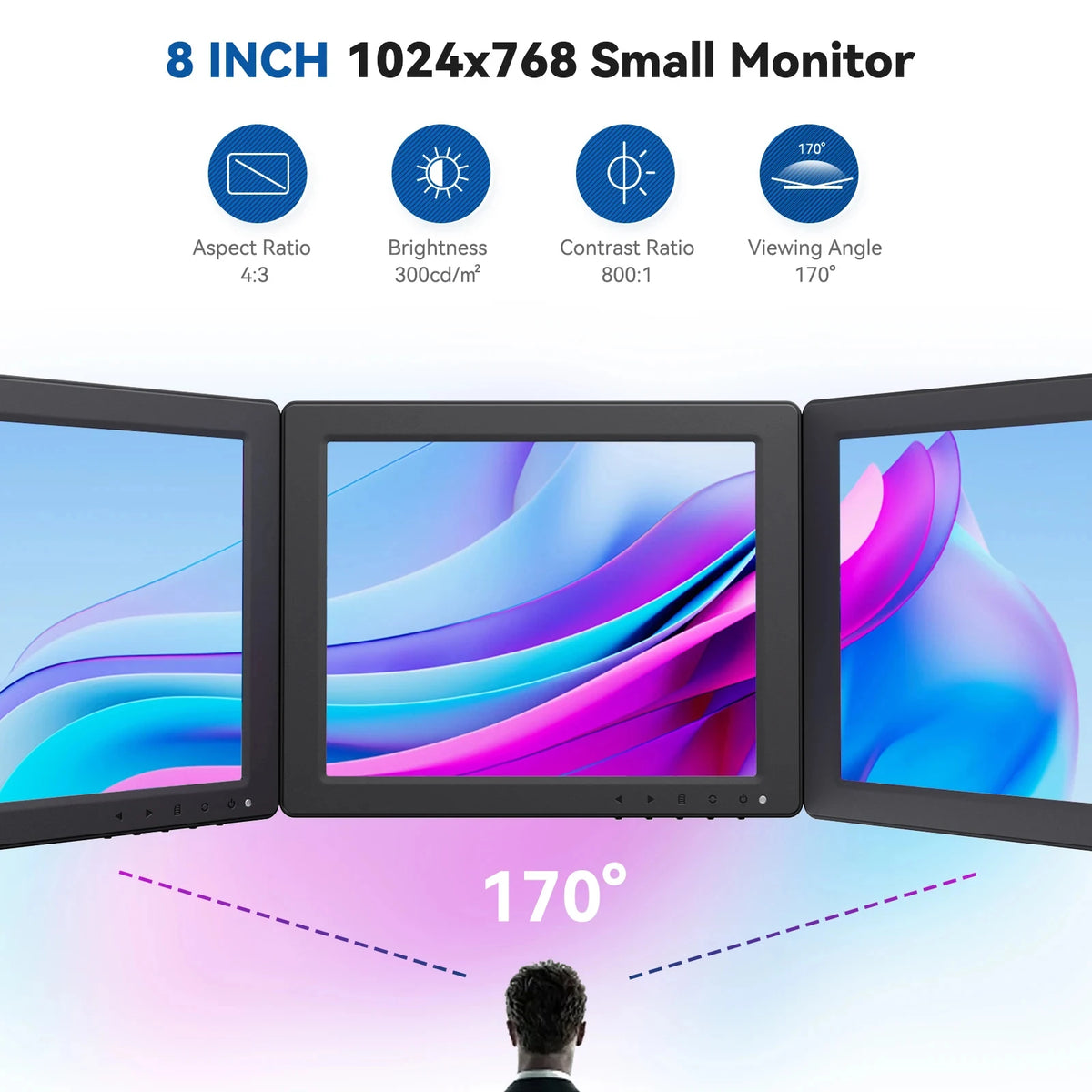 Monitor de escritorio pequeño Eyoyo de 8 pulgadas (1024 × 768) con función de giro de imagen; monitor de seguridad para cámaras de CCTV; pantalla LCD para montaje en pared con puertos HDMI, VGA, BNC, AV y USB