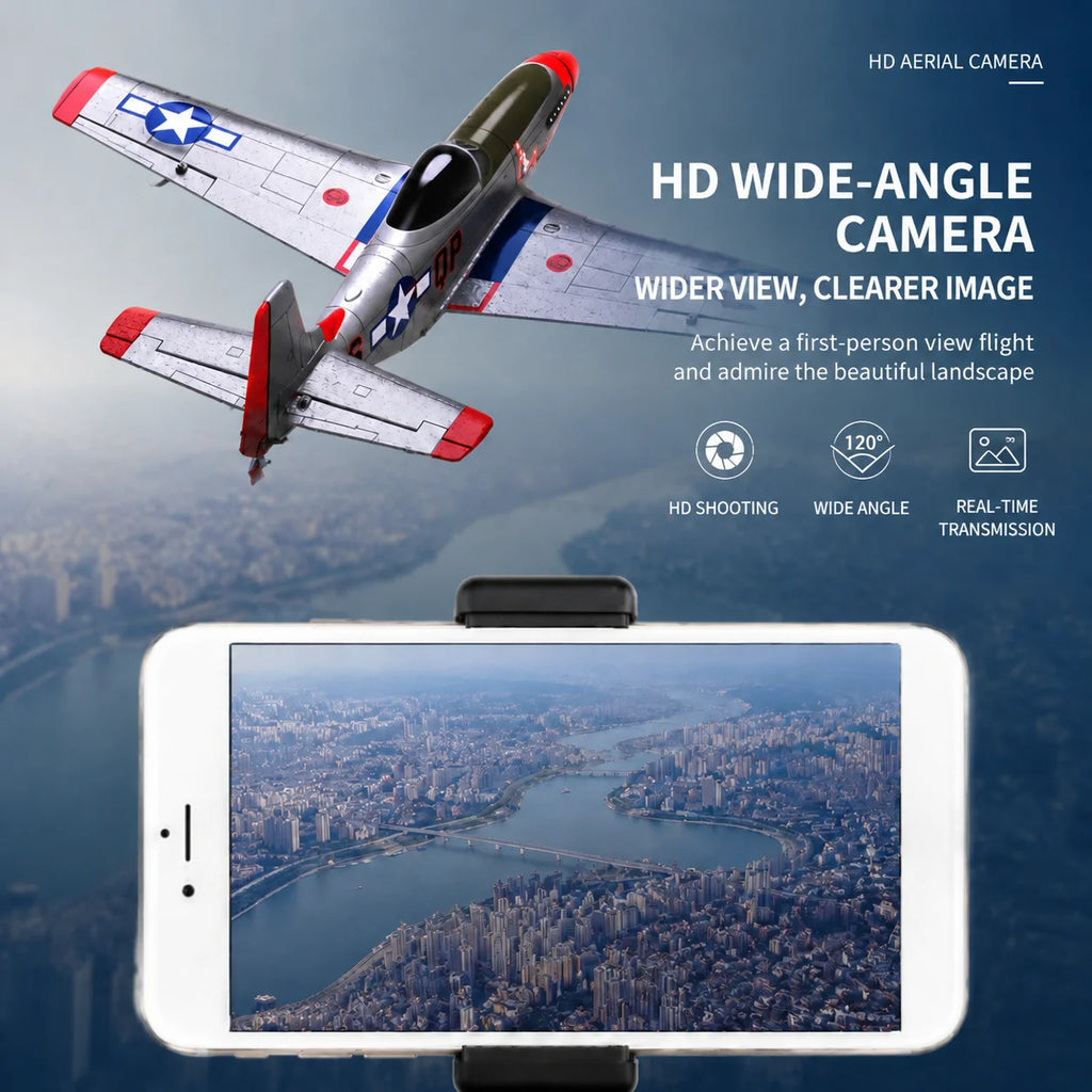 Avión RC P51D Mustang, 2.4G, 4 Canales, con Cámara HD, Motor sin Escobillas, Acrobacias con una Sola Tecla, RTF, con Giroscopio, Juguete