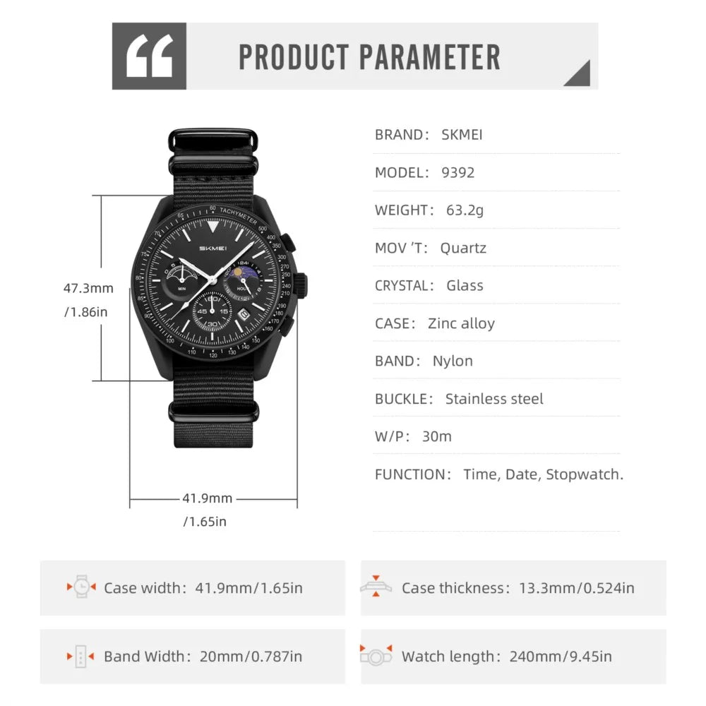 SKMEI Unisex Round Quartz Watch Nylon Strap Moon Phase Chronograph Tachymeter Date Lightweight Wristwatch for Men Women 9392
