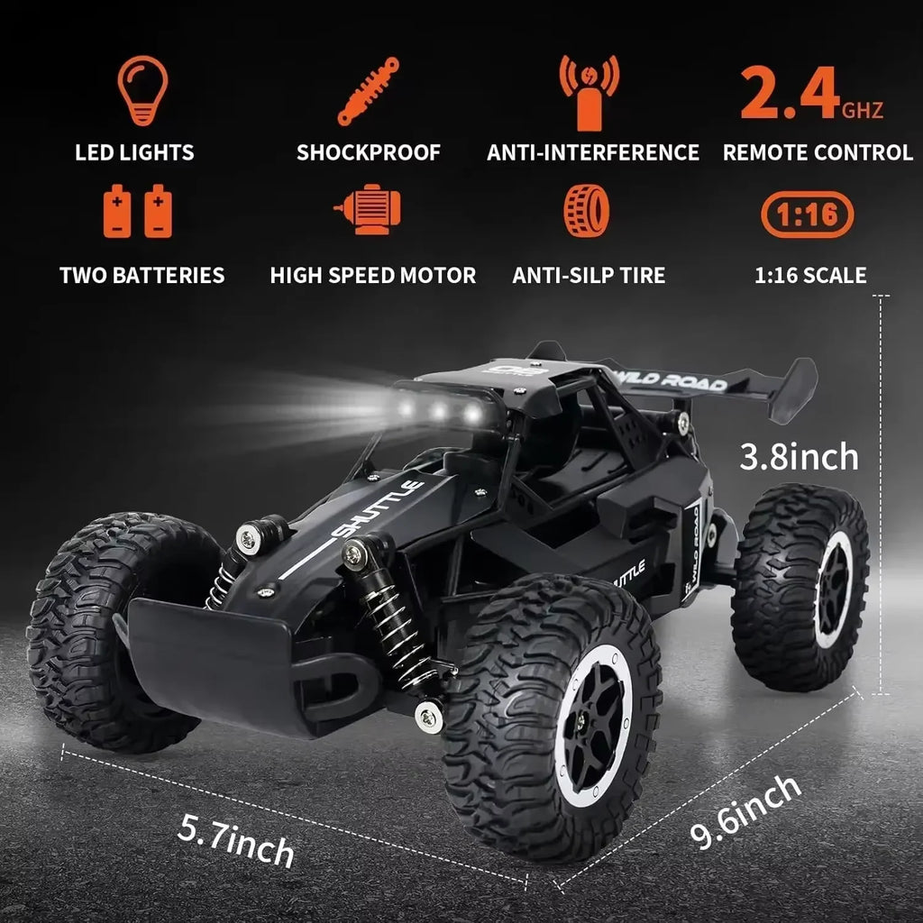 Monster truck a control remoto a escala 1:16, coche RC todoterreno de alta velocidad de 20 km/h con luces LED, regalo duradero para adultos y niños, listo para usar