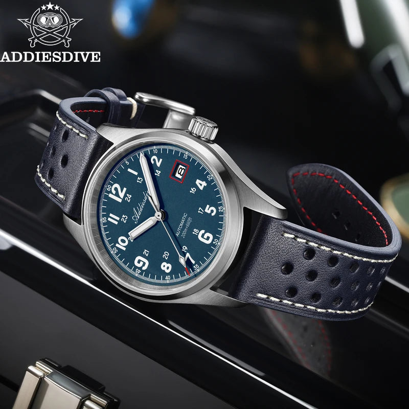 Reloj automático para hombre ADDIESDIVE NH35, reloj de lujo con cristal de zafiro, correa de cuero o acero inoxidable, luminiscencia BGW9 y resistencia al agua de 200 m