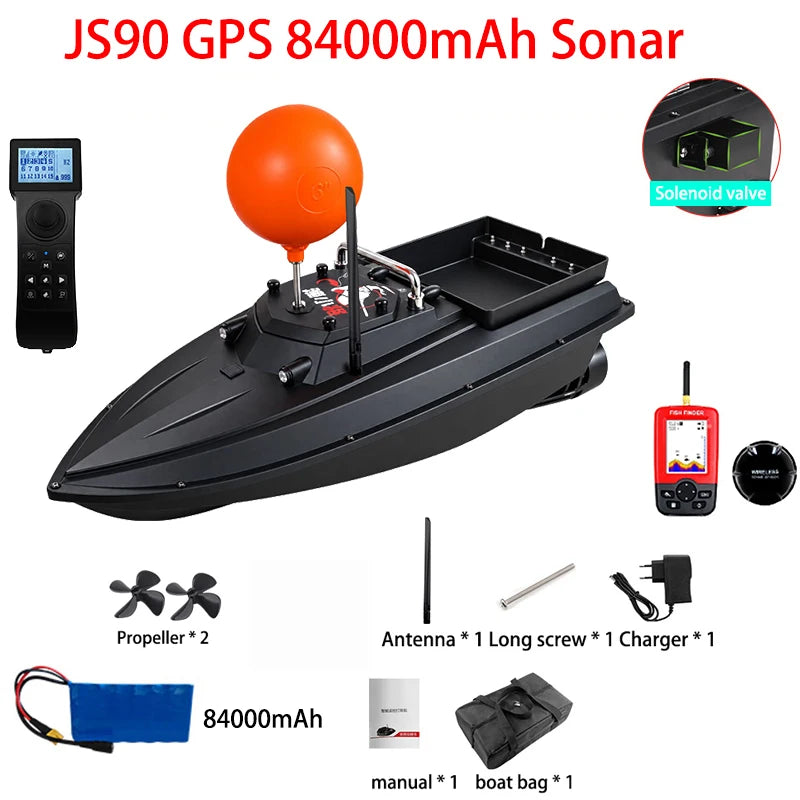 JS90 Barco cebador GPS 12V, velocidad 280 m/min, 100 puntos de pesca, carga de 3 kg, crucero y retorno automático, ajuste de 3 velocidades, bola antivuelco