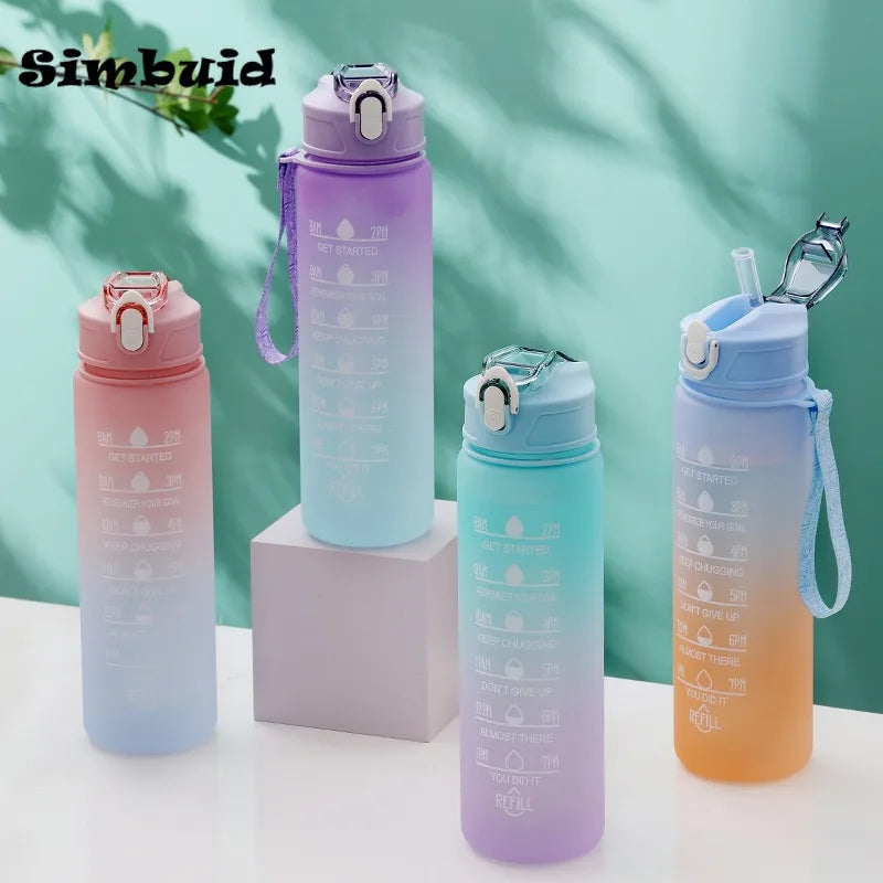 Botella deportiva de 600ML/750ML/1000ML con escala de tiempo, botella para beber de Color degradado para exteriores, taza de paja motivacional portátil para Fitness