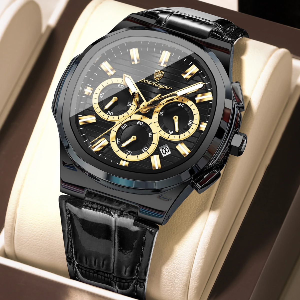 Reloj de pulsera para hombre POEDAGAR, original, de cuero, resistente al agua, luminoso, a la moda, con fecha, cronógrafo, de cuarzo, deportivo.