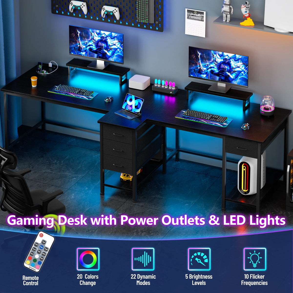 Escritorio para juegos negro con luces LED azules, tomas de corriente y cajones