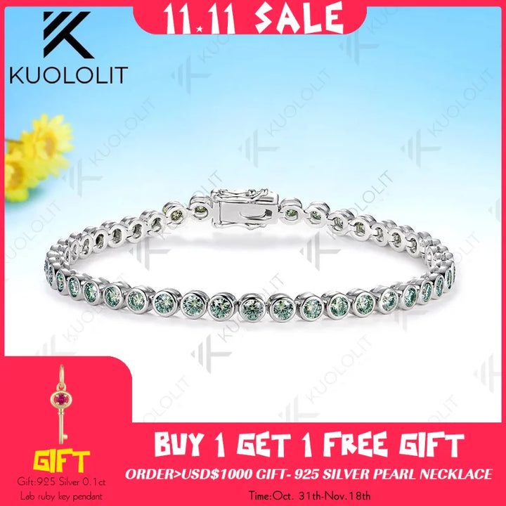 Kuololit-pulsera de tenis de moissanita cian champán para mujer, pulsera de oro blanco sólido 14K 10K 585 para compromiso, regalo de Navidad