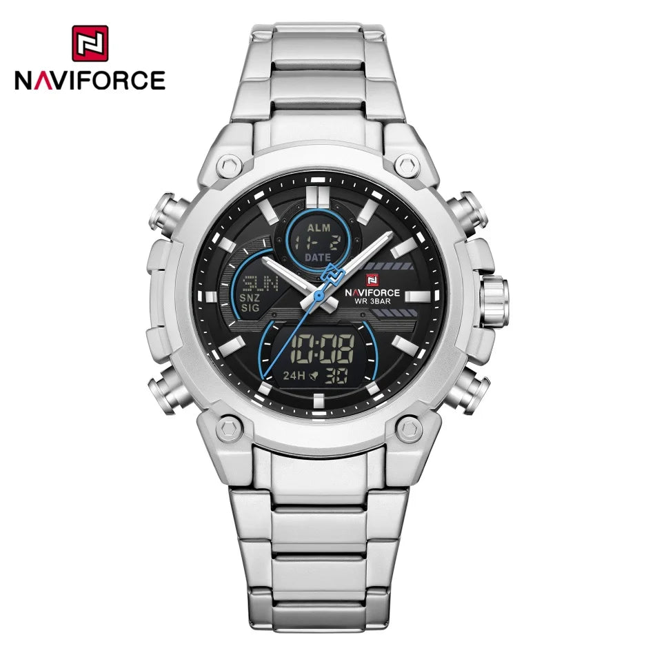 Nuevo reloj para hombre NAVIFORCE, resistente al agua, con cuenta regresiva, deportes, doble pantalla, reloj de pulsera de cuarzo, LCD, luminoso, alarma y reloj digital.
