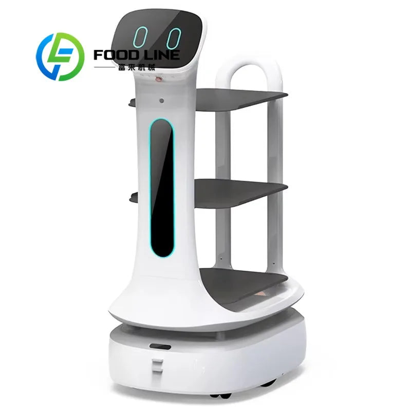 Robot de entrega blanco con pantalla digital y franja azul en el soporte