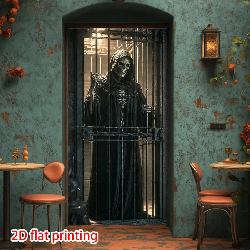1 unidad, Cortina gótica 2D plana con diseño de calavera y jaula, ideal para fiestas de Halloween, uso interior/exterior, wsj