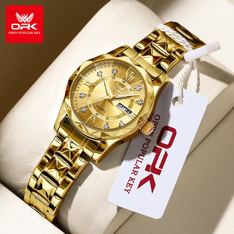 Reloj de mujer OLEVS 6023, reloj de pulsera de lujo para mujer, color dorado, con fecha y día, de acero inoxidable, resistente al agua, de cuarzo