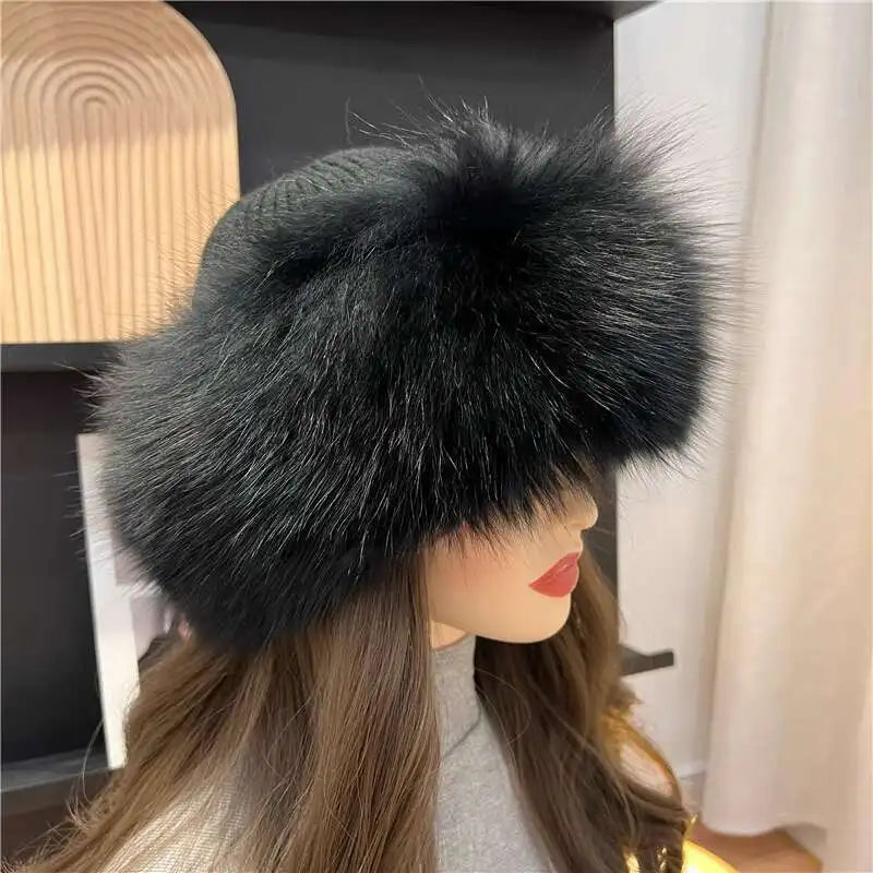 Gorro de piel de zorro para mujer, gorro con protección para los oídos grueso y cálido para invierno, gorro de piel de punto cálido para exteriores, gorros de bombardero de piel de zorro Real