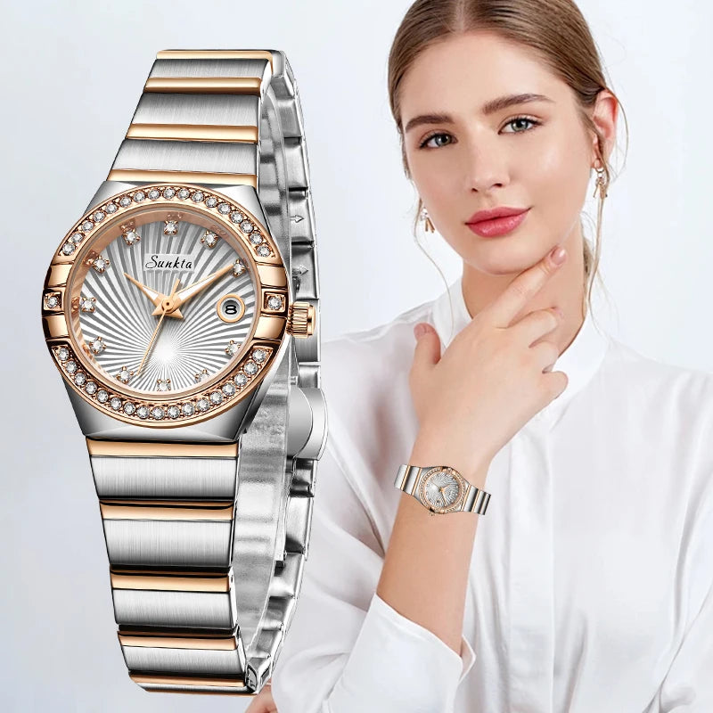 Reloj de mujer Sunkta LIGE de moda, lujo, elegante, retro, con diamantes, sencillo, de acero inoxidable, resistente al agua, casual, con calendario, de cuarzo para mujer