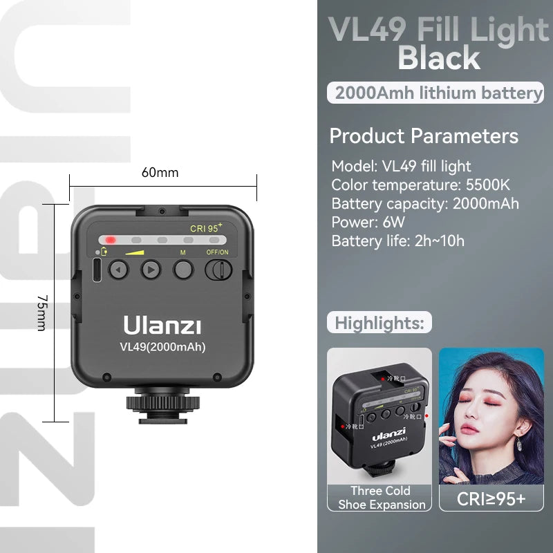 Ulanzi VL49 6W Mini Luz LED de Relleno para Vlog, Blanca, 2000mAh, 5500K, Iluminación con Zoom, Iluminación Fotográfica, Lámparas de Relleno para Video, Teléfono y Selfies