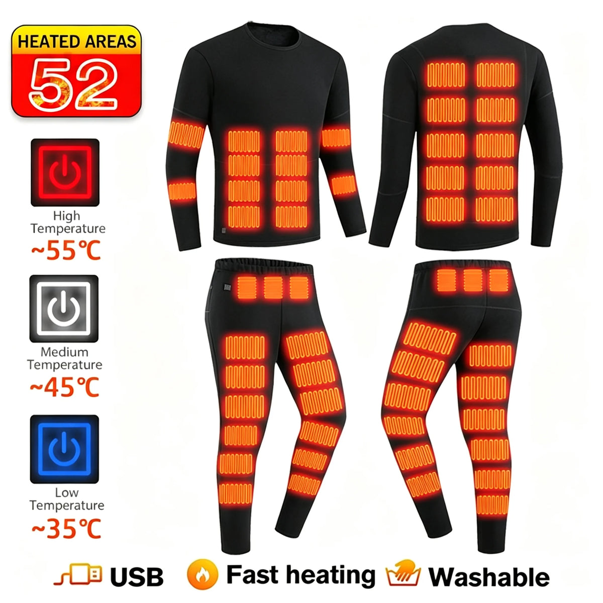 Ropa Interior Térmica Eléctrica con 52 Zonas de Calor, Ropa Térmica de Invierno para Hombre y Mujer, Chaqueta Calefactora, Accesorios de Invierno