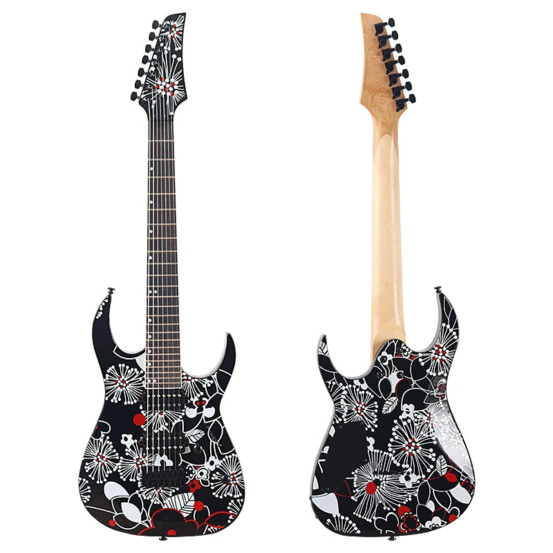 Guitarra Eléctrica de 7 Cuerdas, 39 Pulgadas, Cuerpo de Madera de Tilo con Diseño Floral Negro, Mástil de Arce Canadiense, Acabado Brillante, Envío Gratuito a Estados Unidos