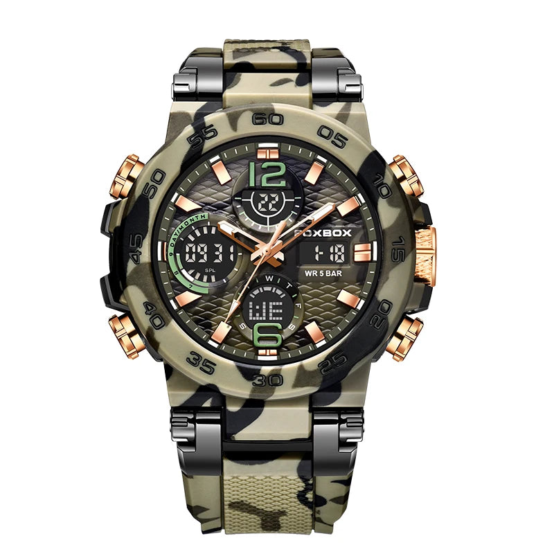 Reloj militar para exteriores FOXBOX, reloj digital de silicona con camuflaje de moda para hombre, reloj de cuarzo deportivo impermeable para hombre
