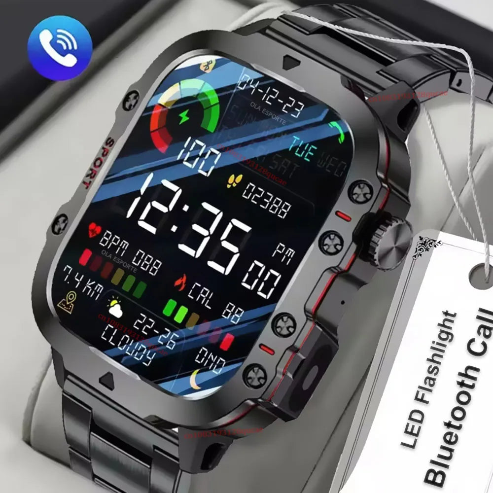 Reloj inteligente militar para hombre 2026, IP67 3ATM, rastreador de ejercicios deportivos al aire libre, monitor de salud de presión arterial, llamadas BT, reloj inteligente con GPS