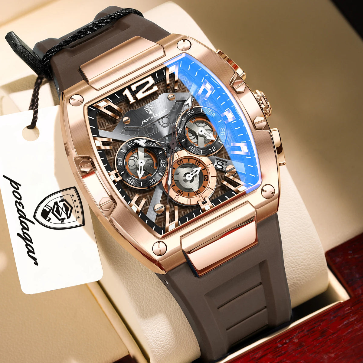POEDAGAR Reloj de lujo para hombre, cronógrafo de cuarzo con fecha, correa de silicona, luminoso, resistente al agua, reloj deportivo de moda para hombre