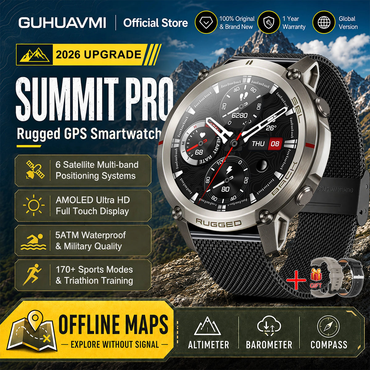 Reloj Inteligente GPS con Mapa Satelital Militar 2026, para Hombre, Pantalla AMOLED de 1.43'', Llamadas Bluetooth, Brújula, Resistente al Agua 5ATM, 170+ Deportes