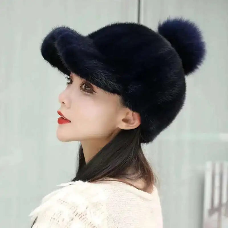 Gorro de piel de visón auténtica para mujer, gorro informal de pico de pato con bola de piel de zorro, gorro de caballero tejido a la moda, gorros de béisbol de piel auténtica gruesa