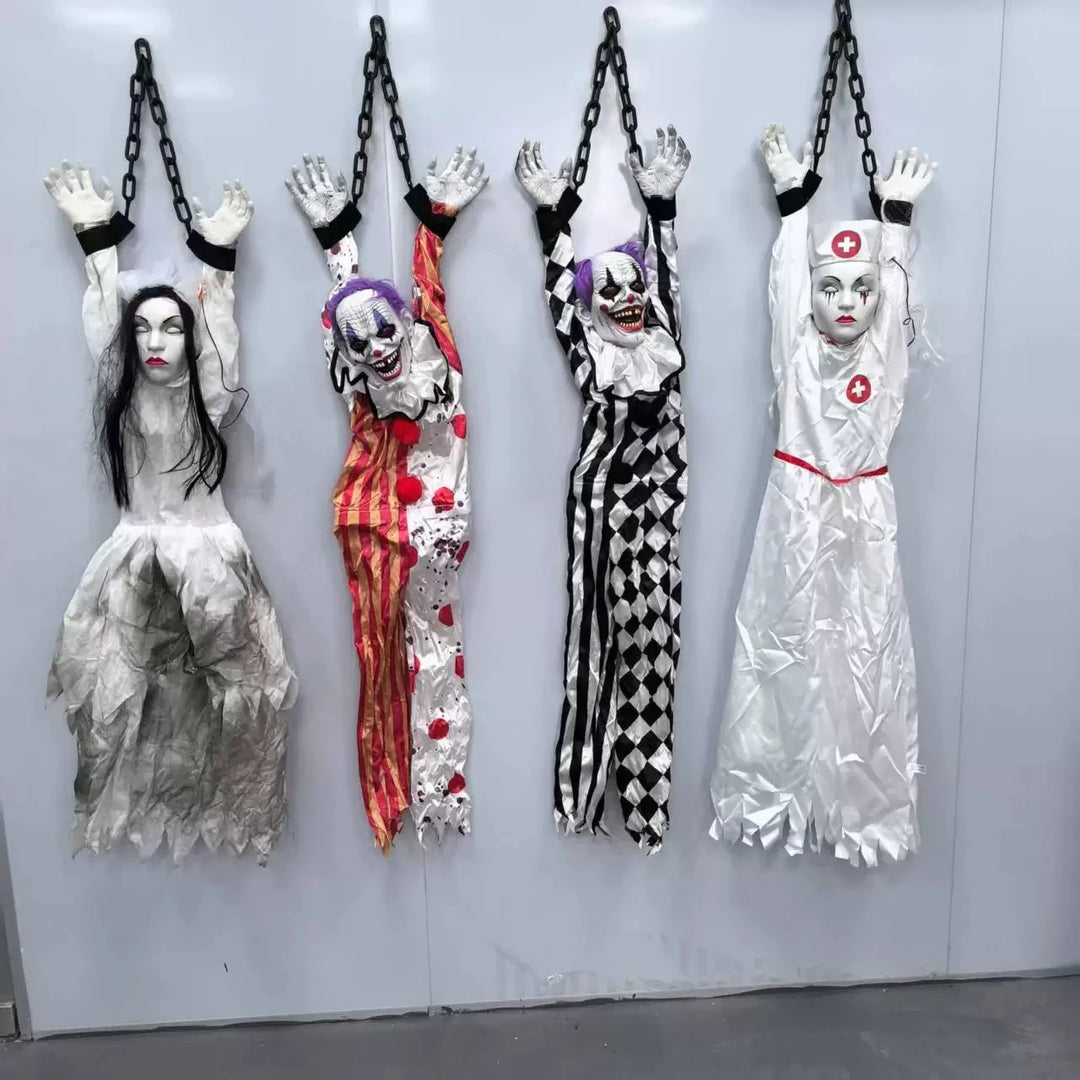 Accesorios para Fiesta de Halloween: Payaso Colgante Animado con Cadena, Ojos Brillantes y Sonido Espeluznante para Decoración de Casa Embrujada o Jardín Exterior