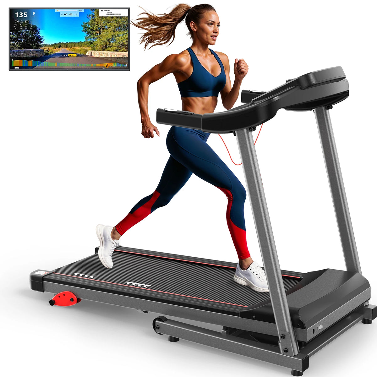 Caminadora Plegable Silenciosa para el Hogar, 2.5HP, 1-12km/h, Inclinación Manual de 3 Niveles, 120kg, Compatible con Aplicaciones, Enchufe Europeo