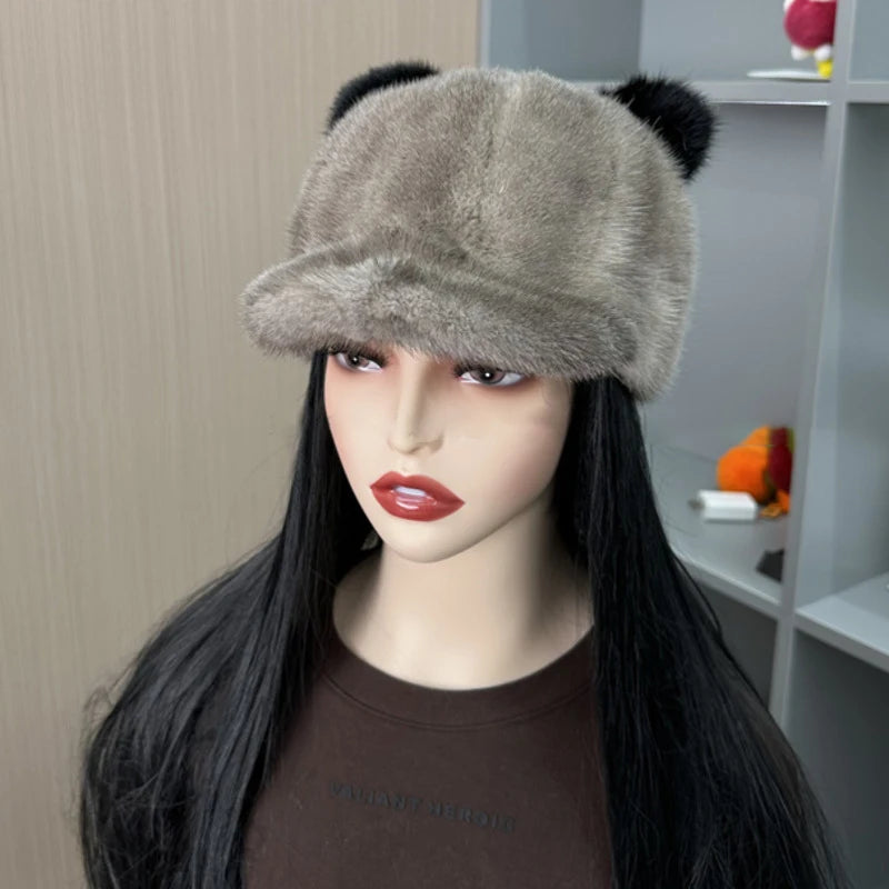 Gorro de piel de visón auténtica para invierno, gorro grueso y cálido con orejas de Panda, sombreros de caballero a la moda para mujer, sombrero de pico de pato de lujo, sombreros de piel de visón Natural