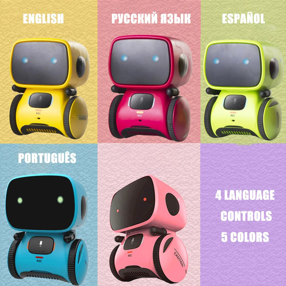 Conjunto de robots de juguete con pantalla negra en varios colores