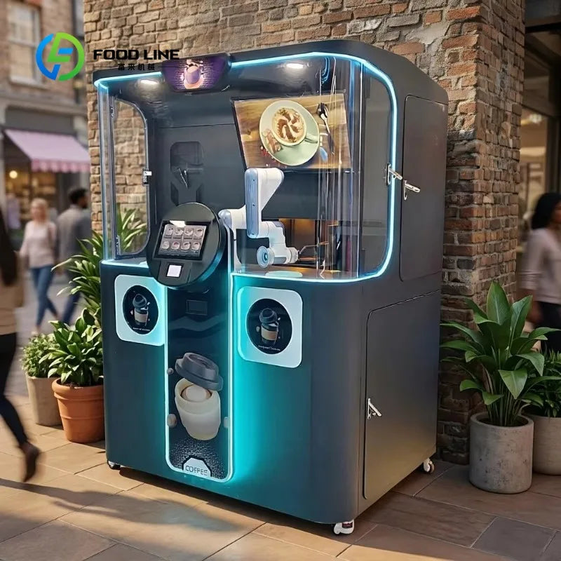 Máquina robot de café comercial con panel táctil y dispensador, color negro y azul