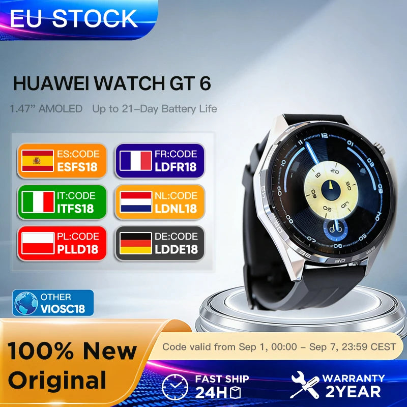 HUAWEI GT 6  46mm Smartwatch GPS 1.47'' AMOLED Touch Screen 100+ Sports Modes Compatible iOS Android Health Monitoring