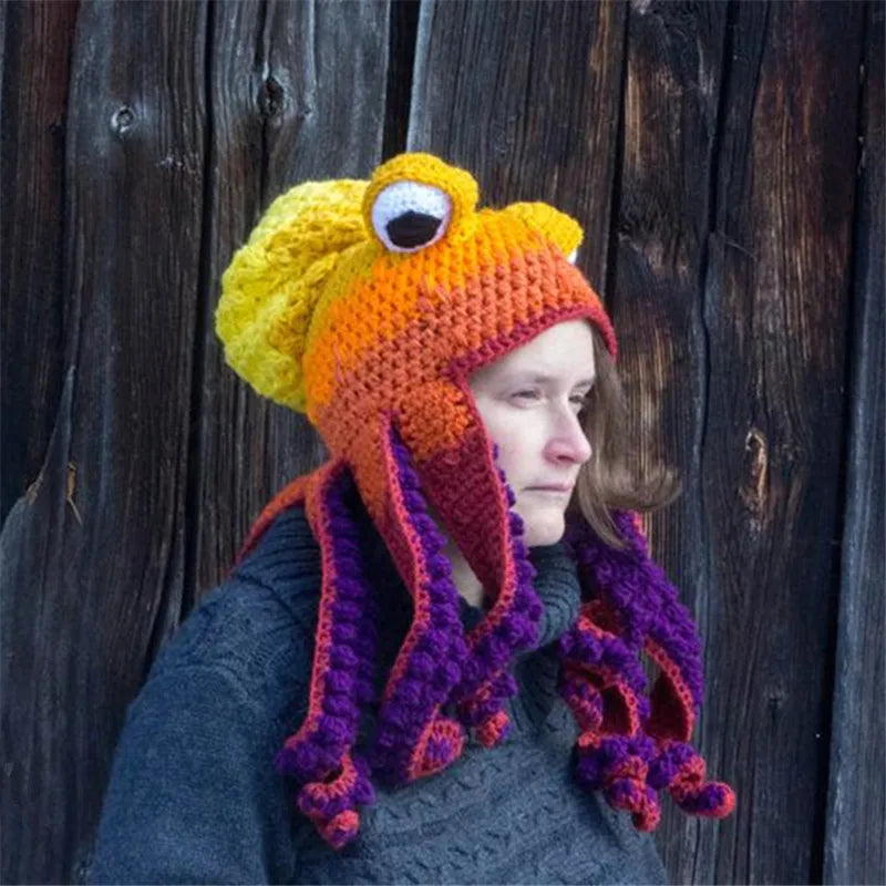 Gorro de Pulpo para Fiesta de Halloween, Divertido, con Ocho Brazos, Cálido, Tejido a Crochet