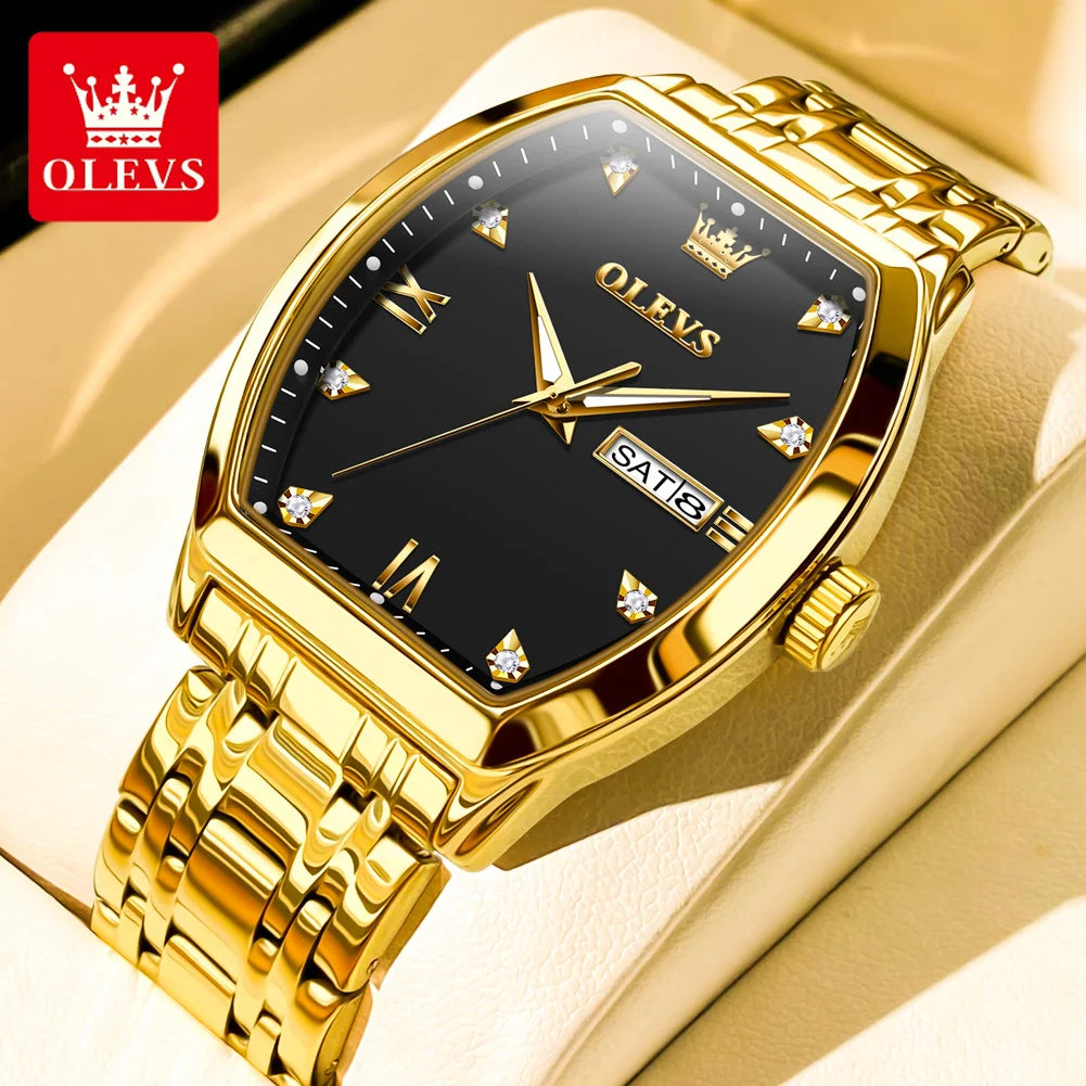 Reloj OLEVS para hombre, de lujo, tipo tonel, original, marca de alta gama, de cuarzo, resistente al agua, luminoso, con día y fecha, reloj de pulsera para caballero