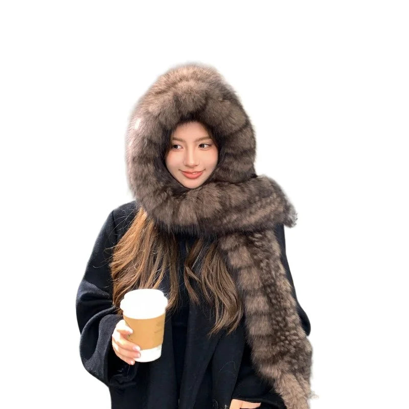Gorro de piel de zorro, bufanda, gorro para la nieve, abrigo de otoño e invierno para mujer, diseño moderno, gorro de felpa de doble capa para proteger las orejas.