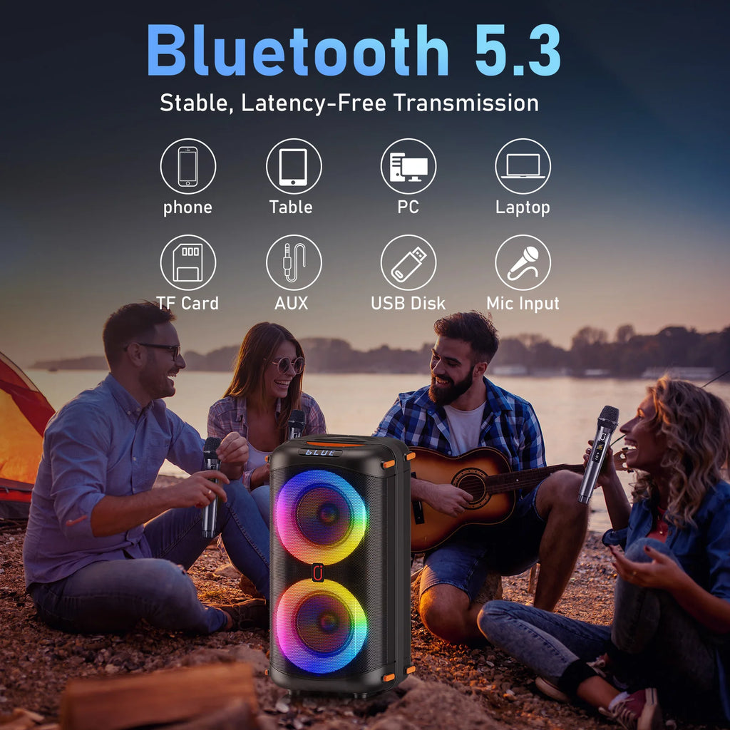 Altavoz Bluetooth inalámbrico JYX T27, máquina de karaoke con 2 micrófonos, altavoz de karaoke para fiestas en casa con luz LED/batería de 6000 mAh