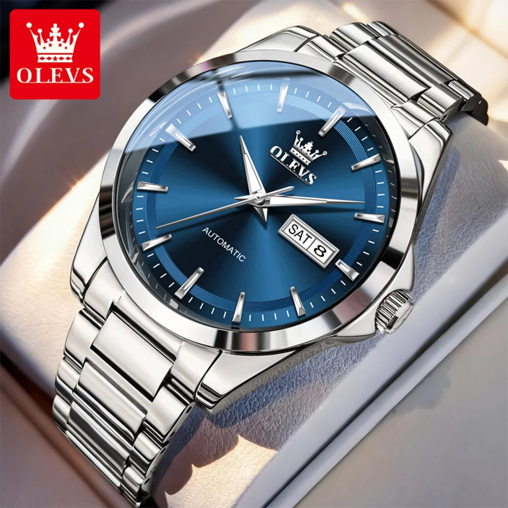 Reloj para hombre OLEVS 7090, reloj de pulsera mecánico automático con doble calendario, de acero inoxidable y resistente al agua, de gran venta