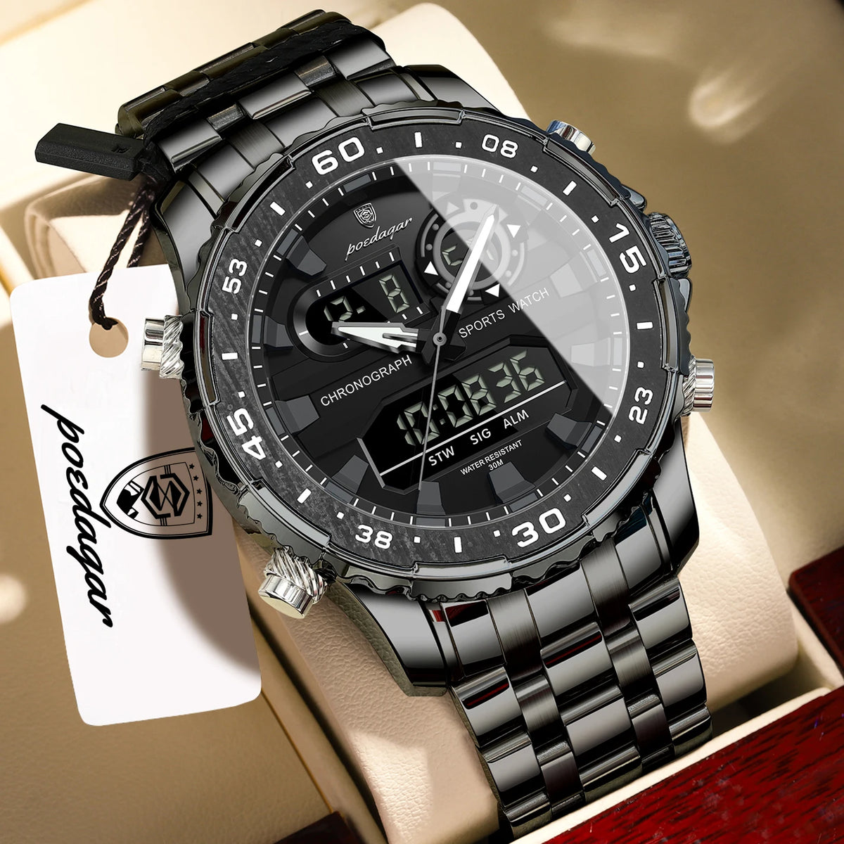 Reloj de cuarzo para hombre POEDAGAR, con fecha y día, pantalla LED electrónica, luminoso, estilo juvenil, con doble hora, reloj deportivo digital para hombre