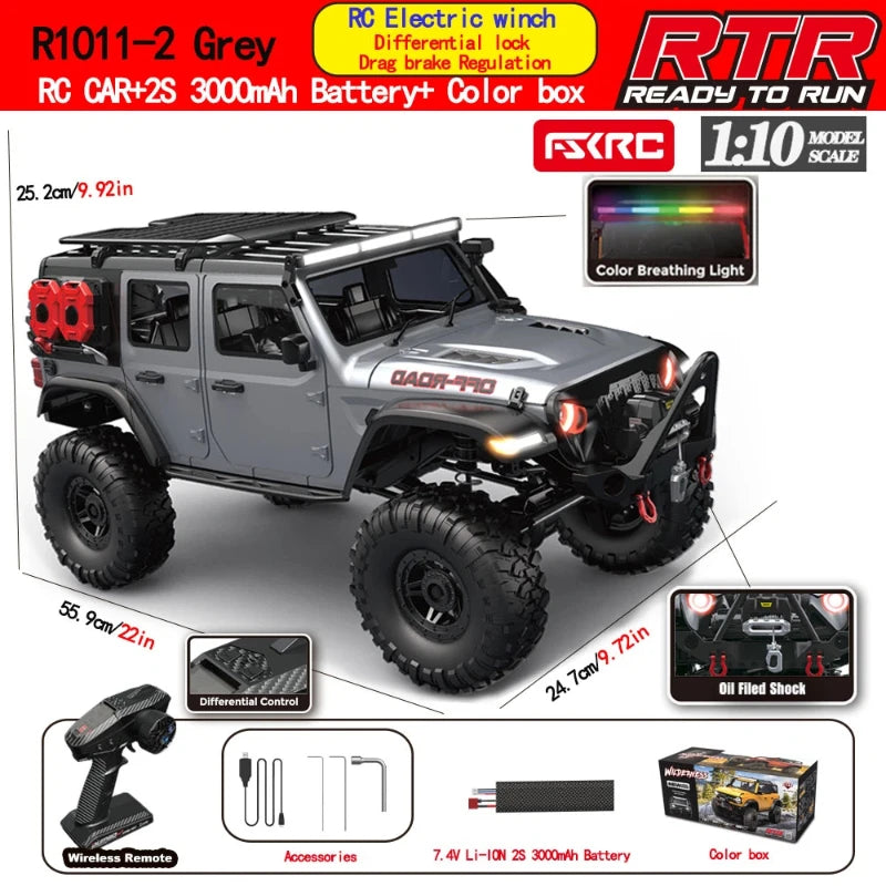 Coche RC 1:10 gris con carrocería todoterreno y ruedas grandes con tacos.