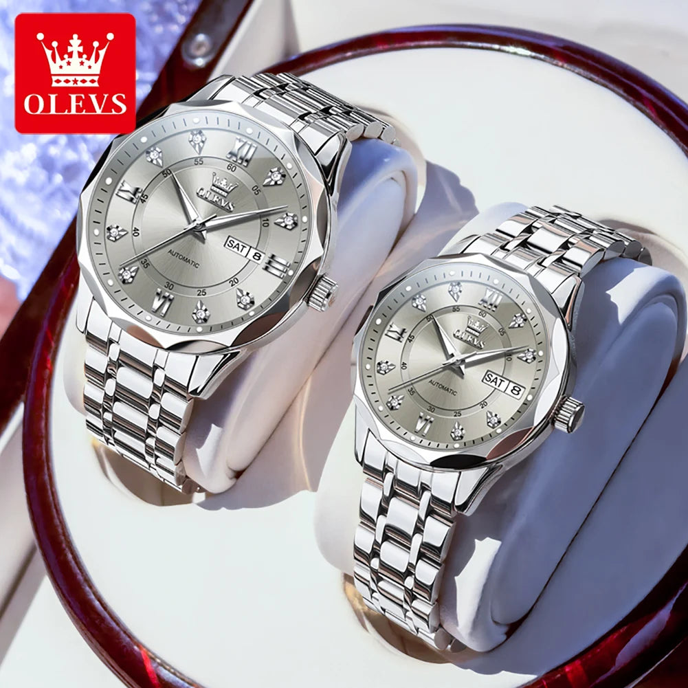 Relojes para pareja OLEVS 6727, marca de lujo, reloj mecánico automático, resistente al agua, luminoso, reloj de pulsera para pareja con día y fecha
