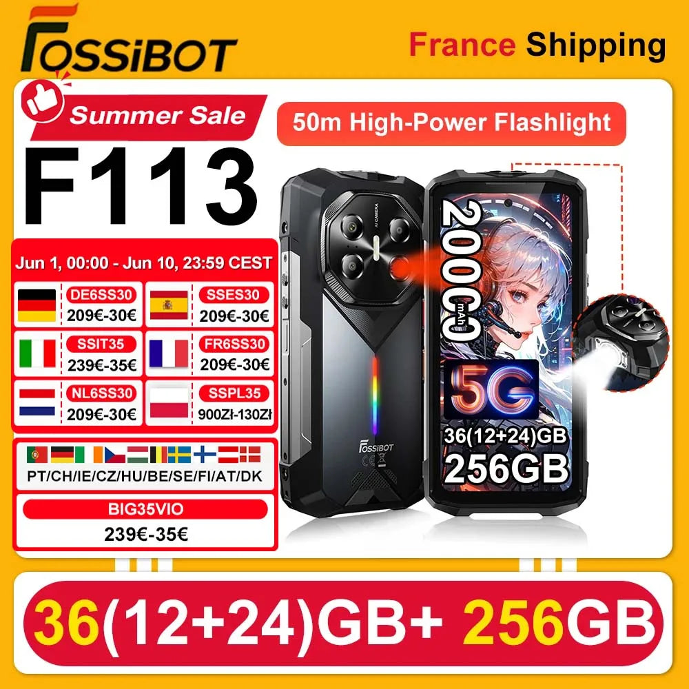 Smartphone rugerizado FOSSiBOT F113 5G 36(12+24)GB+256GB Batería de 20000mAh Teléfono móvil 33W Android 15 NFC Luz de camping 64MP 120Hz