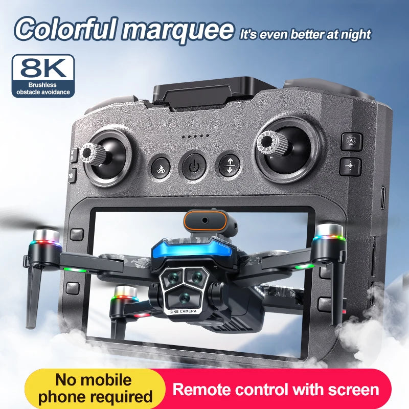 Mando de dron RC con pantalla y dron con cámara frontal, diseño oscuro